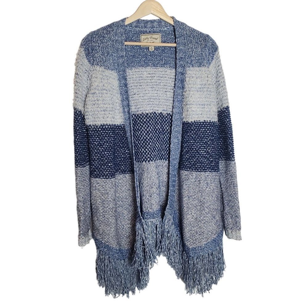 Lucky Brand Small Open Cardigan Blue‎ Striped Knit Textured Longline Fringe